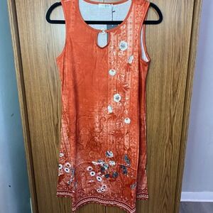 SimpleFun Summer Boho Dress Women Size S Red orange Floral New Keyhole Neck